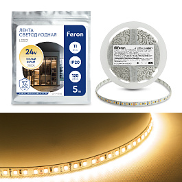 Светодиодная LED лента Feron LS501, 120SMD(2835)/м 11Вт/м 24V 5000*8*1.22мм 3000К IP20