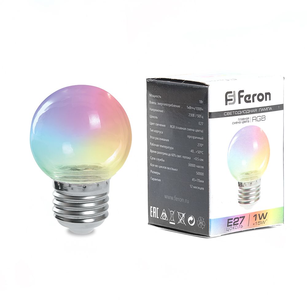 Лампа светодиодная Feron LB-371 Шар прозрачный E27 3W RGB быстрая смена  цвета | Артикул 38130