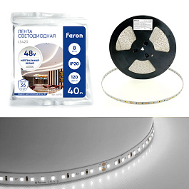 Лента светодиодная стабилизированная 120SMD(2835)/м 8Вт/м 48V 40000*10*1.22мм 4000К, IP20 LS420 FERON 