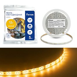 Светодиодная LED лента Feron LS604, 60SMD(2835)/m 4.8W/m 12V IP65 5m желтый 