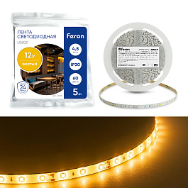 Светодиодная LED лента Feron LS603, 60SMD(2835)/m 4.8W/m 12V 5m желтый 